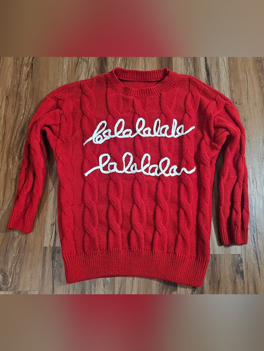 Christmas Red 'Falalalalala' Cable Knit Sweater Size Small
